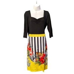Finejo Black and White Stripes Bodycon Dress Yellow Red Floral Chic NWOT
